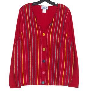 Vintage Cardigan Sweater Rainbow Cottage Preppy 90s Cozy Retro Stripe Red 1X